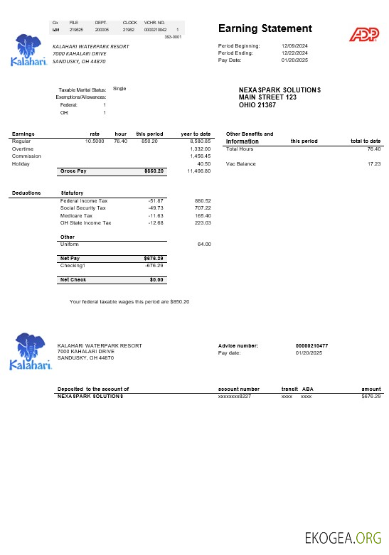 USA Ohio Kalahari Waterpark Resort modèle de facture de services publics aux formats Word et PDF